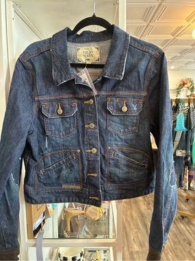 Old Navy vintage Women's Denim Jacket with Button Front and brown leather detail